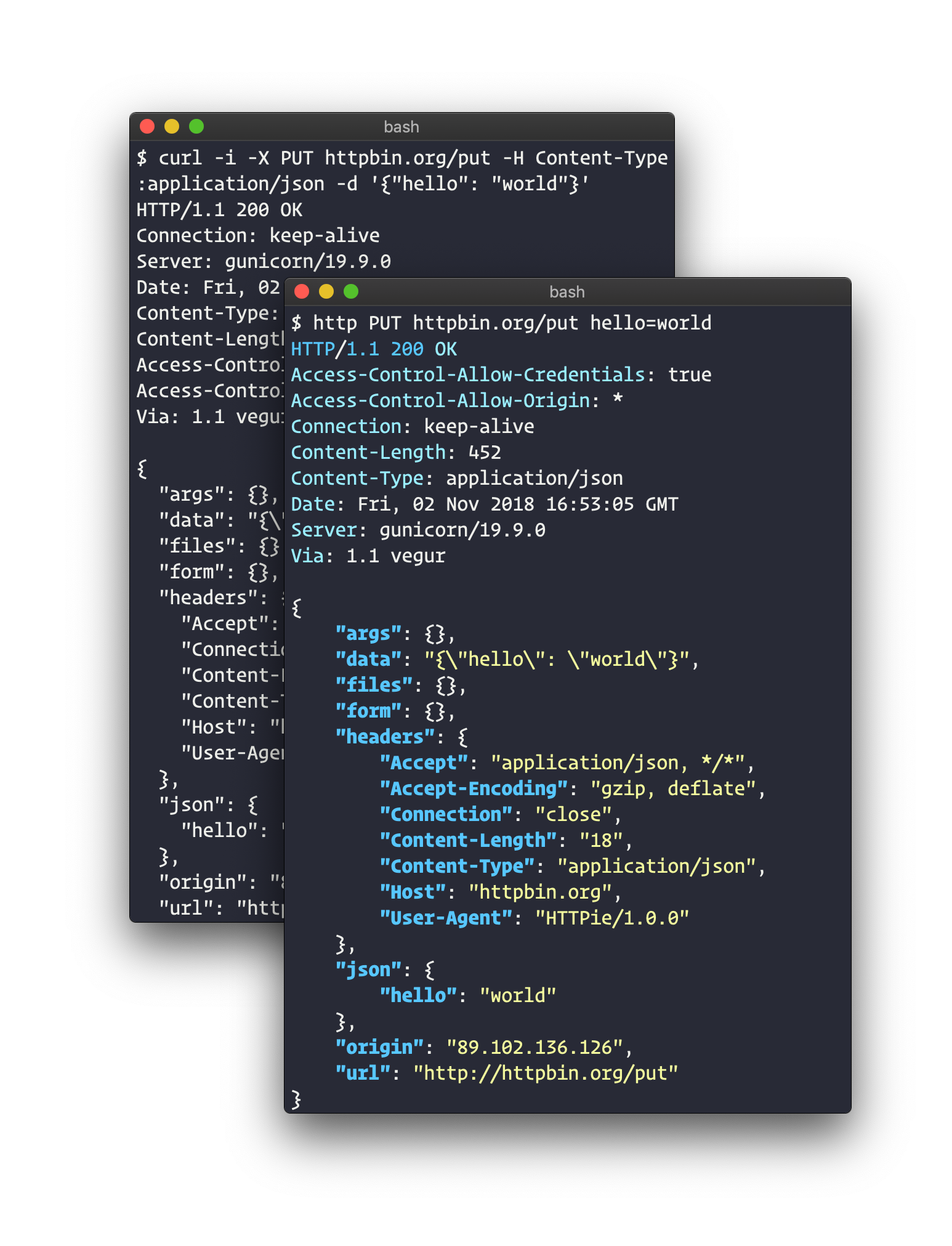 The same command side-by-side with cURL